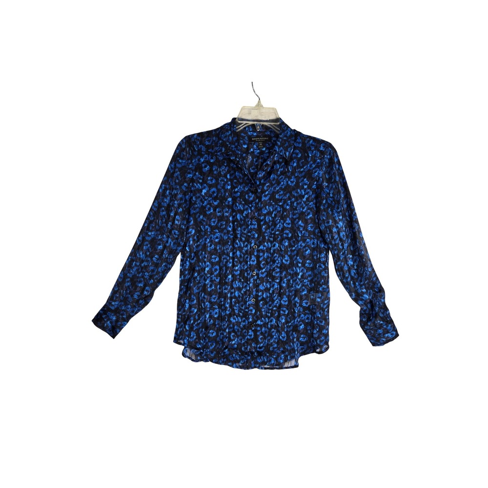 Banana Republic Women Blue Black Leopard Sheer Button Down Shirt XS Animal Print